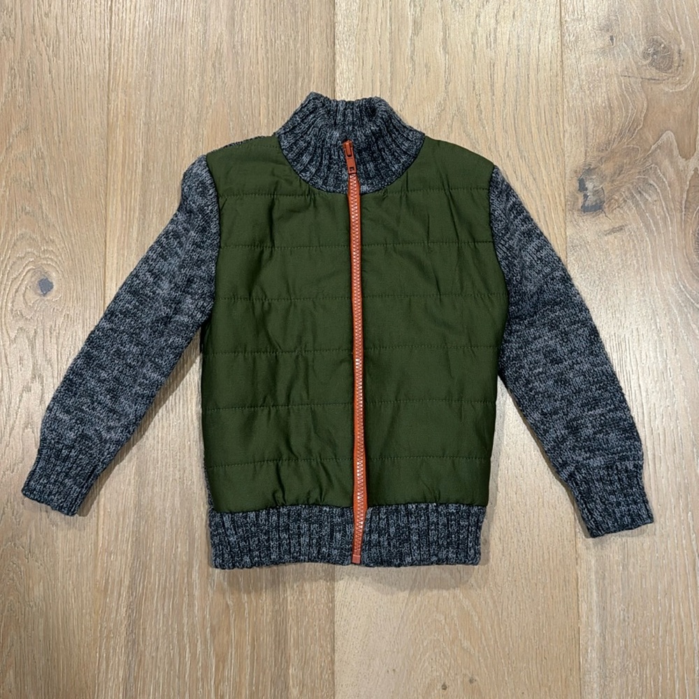 Cat & Jack Toddler Boys’ Quilted and Knit Zip-Up Sweater in Olive Green; Sz 3T